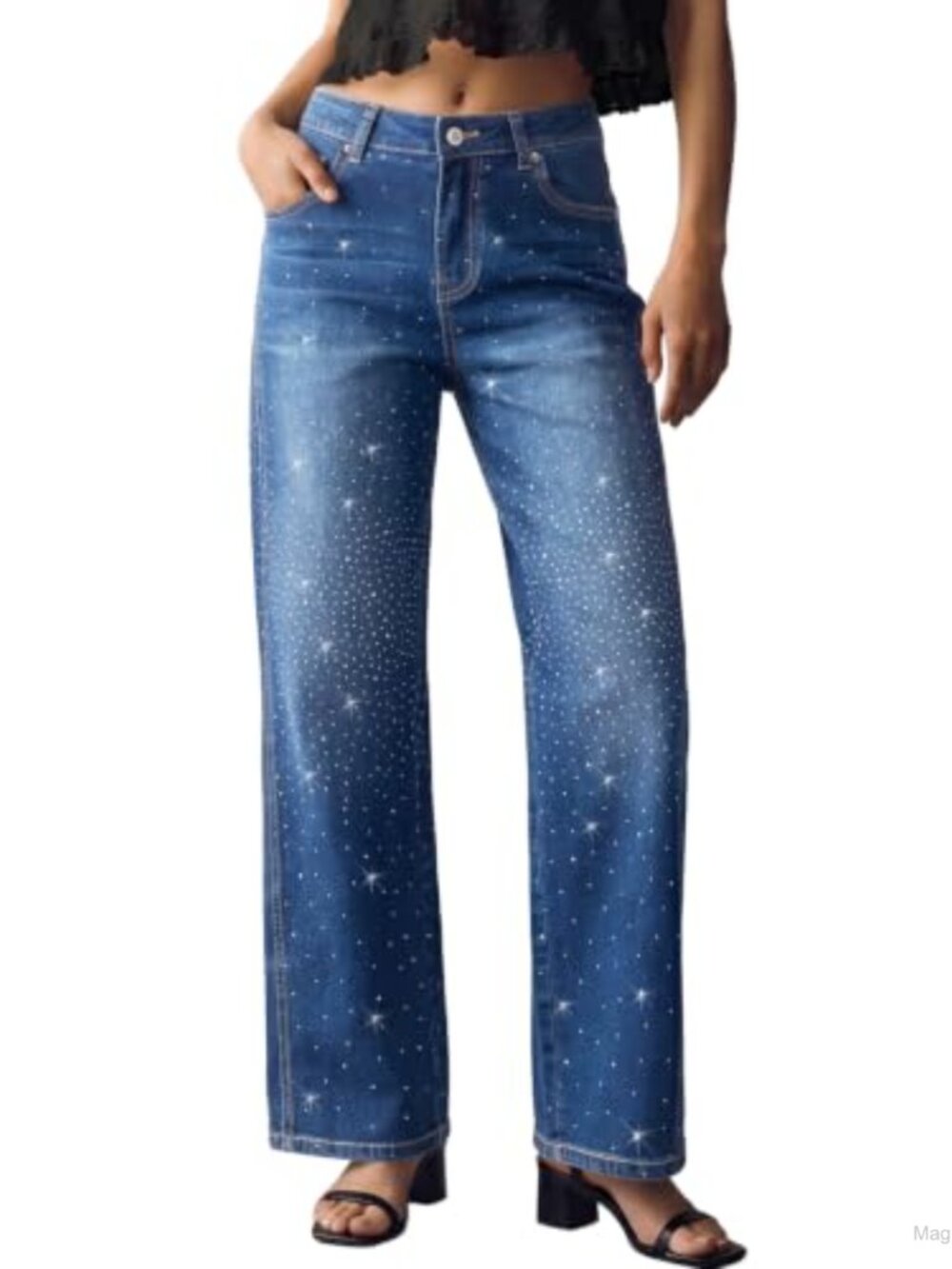High Rise Straight Leg Jeans with Rhinestone Sequin Embellishments